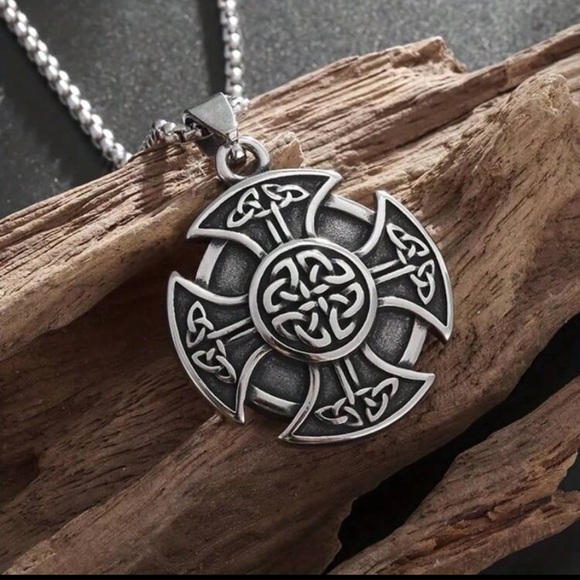 Silver Celtic Cross Pendant Necklace, Celtic Cross Necklace, Shield Necklace - Picture 3 of 4
